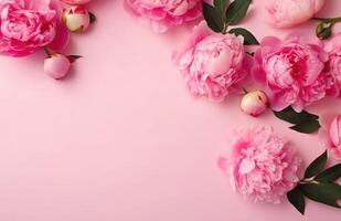 Floral frame layout with copy space. Pink peony on solid background. Mothers day and womans day greeting card. . photo