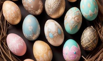 Close up of Beautifully Painted Easter Eggs on Hay with black background photo