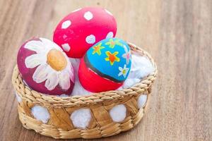 easter egg in basket on wood photo