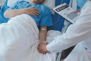 Women Asian doctors hold the patient hand and encourage and provide medical advice While checking the patient health in bed. Concept of Care and compassion, antenatal care, Threatened abortion photo