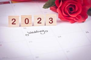 2023 plan wedding on calendar background. photo