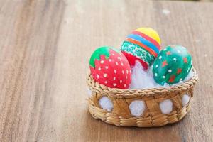 easter egg in basket on wood photo