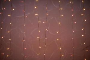 Pink garlands. Light bulbs on threads. Little lights in dark. photo