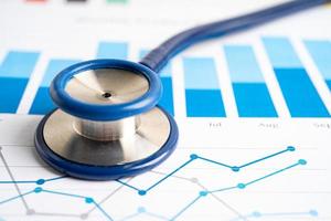 Stethoscope on charts and graphs spreadsheet paper, Finance, Account, Statistics, Investment, economy and Business company concept. photo