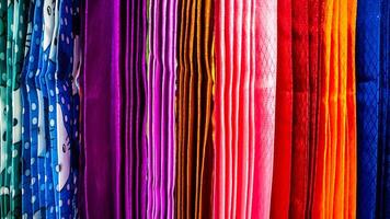 a variety of colorful curtains in the curtain shop photo