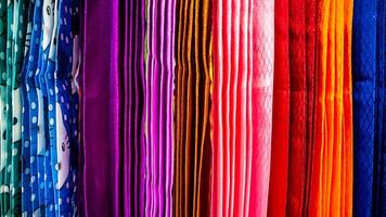 a variety of colorful curtains in the curtain shop photo