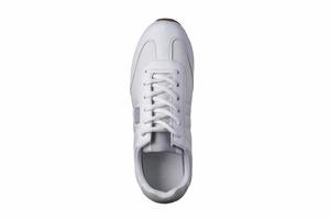 Sport shoes. White sneaker made of fabric with leather inserts top view. photo