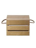 Wooden box made of boards with rope handles. Storage container. photo