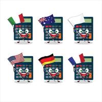 Calculator cartoon character bring the flags of various countries vector