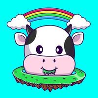 linda vaca planeta comiendo césped con arco iris nube dibujos animados vector íconos ilustración. plano dibujos animados concepto. adecuado para ninguna creativo proyecto.