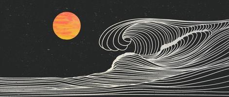 Oceano ola paisaje. creativo minimalista moderno línea Arte impresión. resumen contemporáneo estético antecedentes paisajes con océano, mar, horizonte, ola y puesta de sol. vector ilustraciones