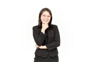 Smile and Looking to Camera Of Beautiful Asian Woman Wearing Black Blazer Isolated On White photo