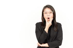 WOW Face Expression Of Beautiful Asian Woman Wearing Black Blazer Isolated On White Background photo