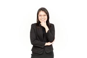 Smile and Looking to Camera Of Beautiful Asian Woman Wearing Black Blazer Isolated On White photo