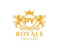 Golden Letter PY template logo Luxury gold letter with crown. Monogram alphabet . Beautiful royal initials letter. vector