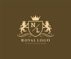 Initial NL Letter Lion Royal Luxury Heraldic,Crest Logo template in vector art for Restaurant, Royalty, Boutique, Cafe, Hotel, Heraldic, Jewelry, Fashion and other vector illustration.