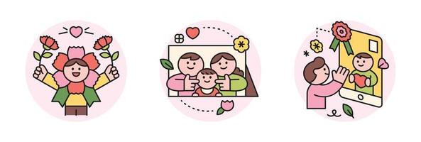 family month. People who appreciate their parents and love their children. A character dressed up with carnations. A photo of a family of three, father, mother and child. video call. vector