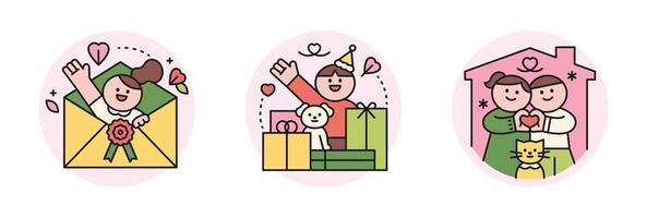 family month. People who appreciate their parents and love their children. The girl in the envelope. Gift box and happy boy and dog. Happy couple and cat. vector