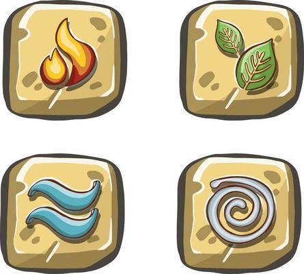 Set of Buttons with symbols of the elements, air, water, earth, fire. hand drawn texture