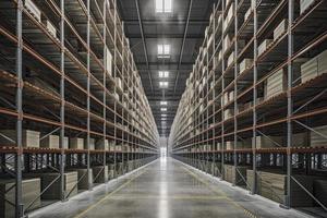 Huge distribution warehouse with high shelves photo