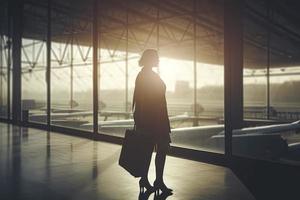 viaje concepto, personas en el aeropuertos ,silueta de joven niña con equipaje caminando a aeropuerto, mujer demostración alguna cosa mediante el ventana, selectiva enfoque,vendimia tono color foto