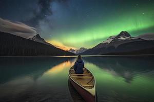 viajero mujer sentado en canoa con Aurora borealis terminado espíritu isla en maligno lago a jaspe nacional parque, alberta, Canadá foto