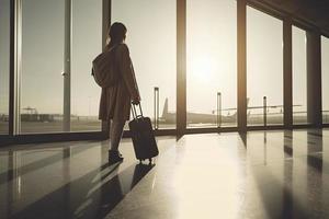 travel concept, people in the airports ,Silhouette of young girl with luggage walking at airport, women showing something through the window,selective focus,vintage tone color photo