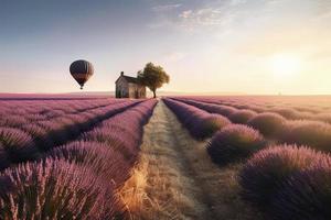 Endless lavender field with little shed and flying hot air balloon at a sunrise time in Valensole, Provence, France photo