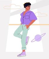 Handsome guy man standing, hands in pockets. Male full-body illustration on a dreamy background. Retro-futuristic, groovy vibes. vector