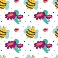 Seamless pattern with cute bee and flowers. World Bee Day. For textile, canvas, background or wrapping paper. Flat vector illustration.