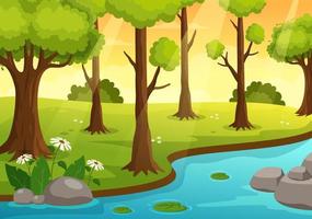 río paisaje ilustración con ver montañas, verde campos, arboles y bosque rodeando el ríos en plano dibujos animados mano dibujado plantillas vector