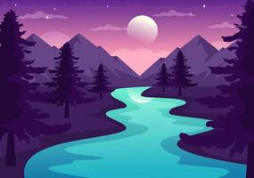 River Landscape Illustration with View Mountains, Green Fields, Trees and Forest Surrounding the Rivers in Flat Cartoon Hand Drawn Templates vector