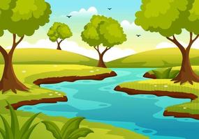 río paisaje ilustración con ver montañas, verde campos, arboles y bosque rodeando el ríos en plano dibujos animados mano dibujado plantillas vector