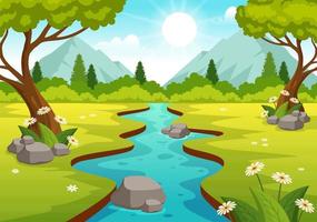 río paisaje ilustración con ver montañas, verde campos, arboles y bosque rodeando el ríos en plano dibujos animados mano dibujado plantillas vector