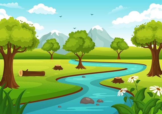 River Landscape Illustration with View Mountains, Green Fields, Trees and Forest Surrounding the Rivers in Flat Cartoon Hand Drawn Templates