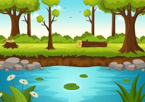 River Landscape Illustration with View Mountains, Green Fields, Trees and Forest Surrounding the Rivers in Flat Cartoon Hand Drawn Templates vector