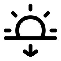 Sun with arrow down in outline icon. Sunset, sunlight, afternoon, evening, summer vector