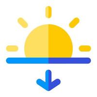 Sun with arrow down in flat icon. Sunset, sunlight, afternoon, evening, summer vector