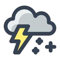 Snow with thunder and cloud in gray and yellow filled color icon. Snowstorm, Snowflakes, snowfall, cloud, cold, season, weather, forecast, warning, danger, disaster vector