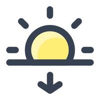 Sun with arrow down in yellow filled color icon. Sunset, sunlight, afternoon, evening, summer vector