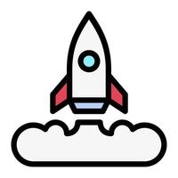Isolated rocket launch in lineal color icon on white background. Launching, boost, startup, advertising, marketing vector