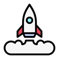 Isolated rocket launch in lineal color icon on white background. Launching, boost, startup, advertising, marketing vector