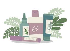 beauty cosmetic products Bundle of organic cosmetics and makeup items in bottles, tubes and jars. Vector illustration