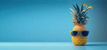 Pineapple with sunglasses on blue background, Summer vacation concept. photo