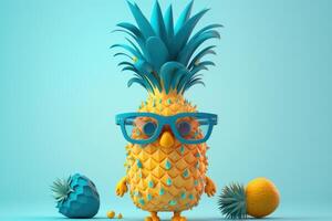 Pineapple with sunglasses on blue background, Summer vacation concept. photo
