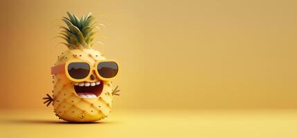 Pineapple with sunglasses on yellow background, Summer vacation concept. photo