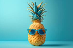 Pineapple with sunglasses on blue background, Summer vacation concept. photo