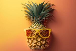 Pineapple with sunglasses on yellow background, Summer vacation concept. photo