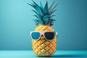 Pineapple with sunglasses on blue background, Summer vacation concept. photo