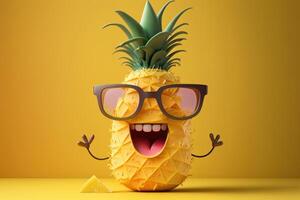 Pineapple with sunglasses on yellow background, Summer vacation concept. photo